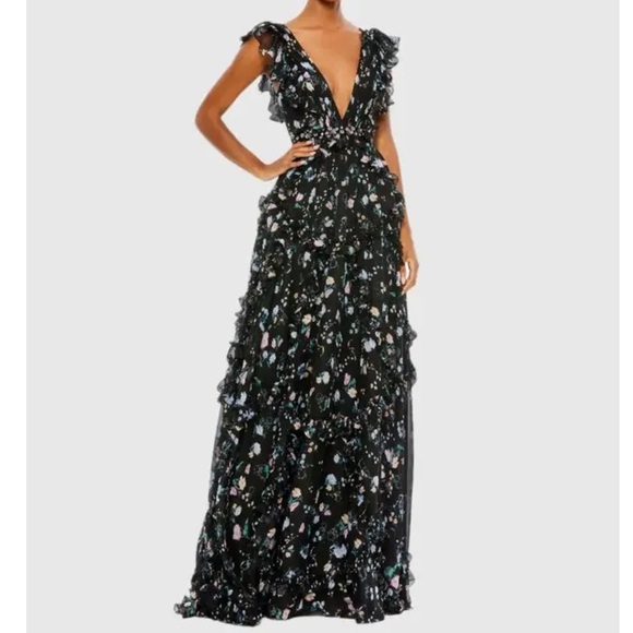 Mac Duggal Dresses & Skirts - Ieena x Mac Duggal ruffled floral cap-sleeve v-neck gown in black chiffon